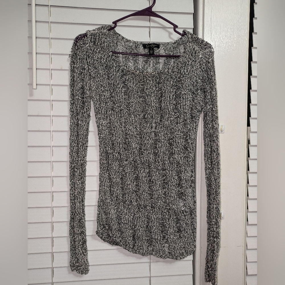 Jessica Simpson Women's Gray & White Open Knit Long Sleeve Sweater GUC Size S